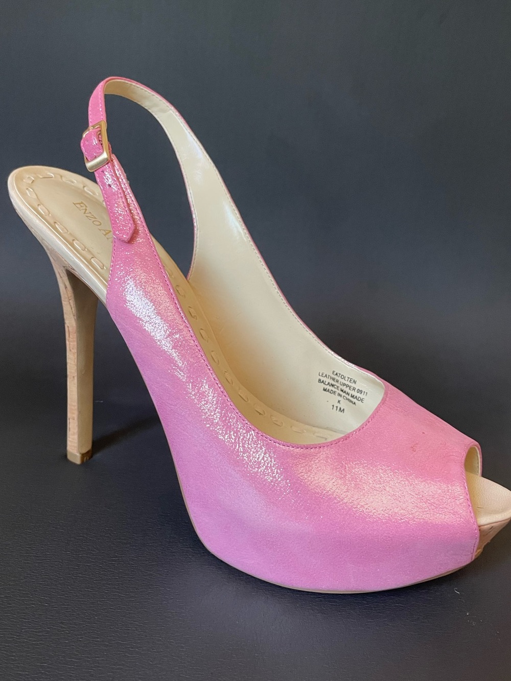 NWOT Genuine leather metallic Pink Peep-Toe Slingback High Heel Eatolten Pump 11